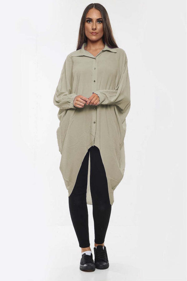 High-Low Oversized Button Long Top Shirt Dress With Hem And Long Sleeves - Image 4