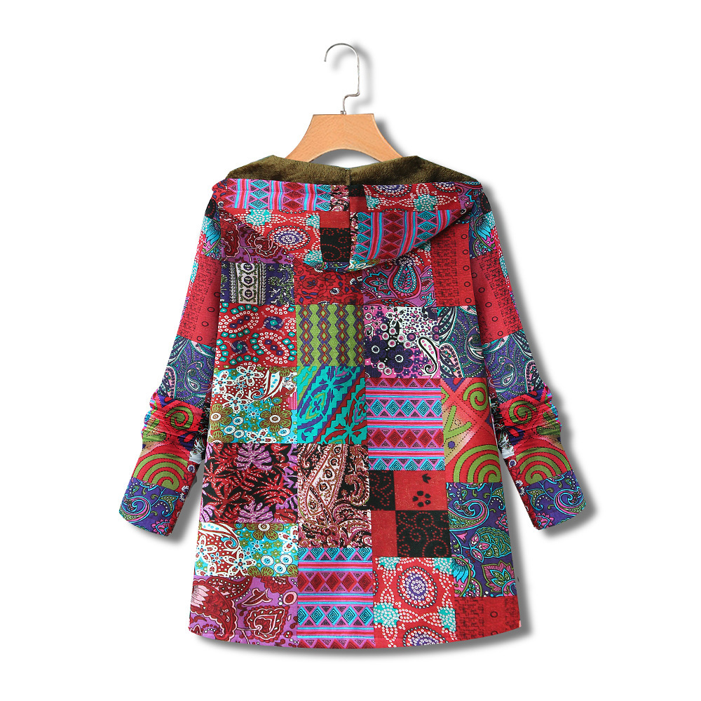 Printed cotton linen Hooded Coat zipper - Image 2