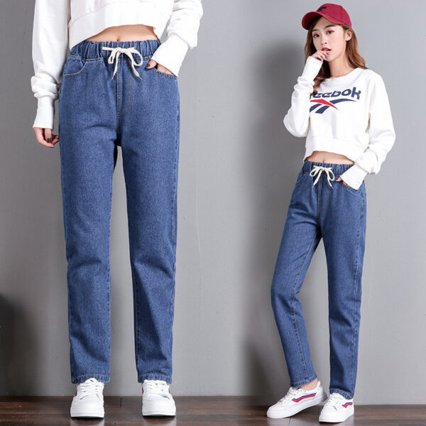 Korean Style Women's Straight Casual Elastic Waist Tied High Waist Student Jeans - Image 2