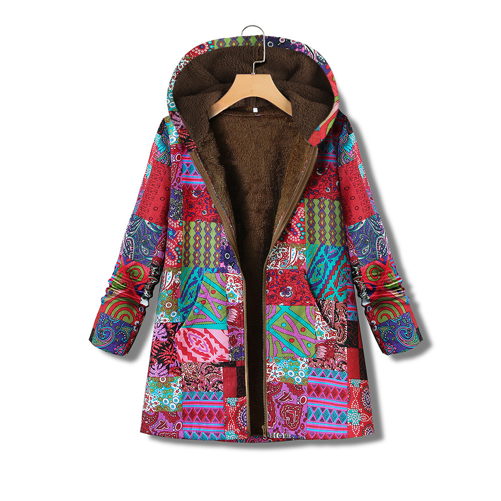 Printed cotton linen Hooded Coat zipper - Image 3