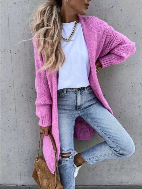 Women Solid Color Long Sleeve Casual Open Front Knit Cardigan - Image 2