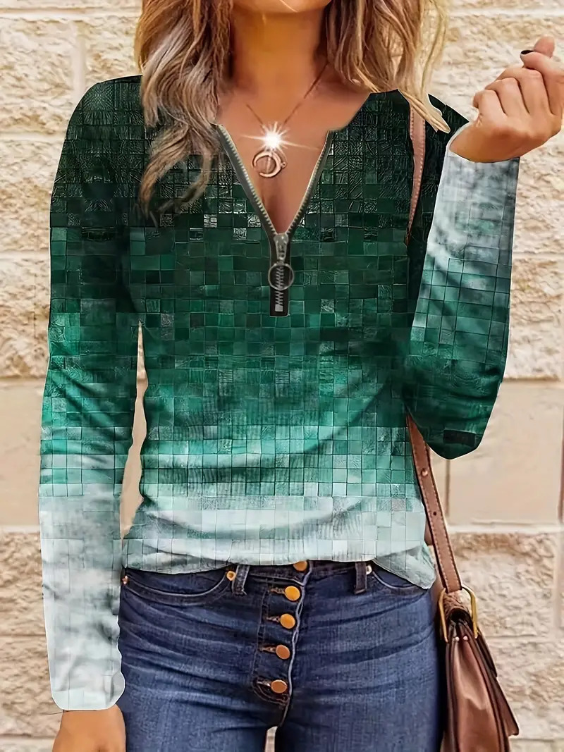 Women's Casual Loose Contrast Striped Half Zipper Top - Image 3