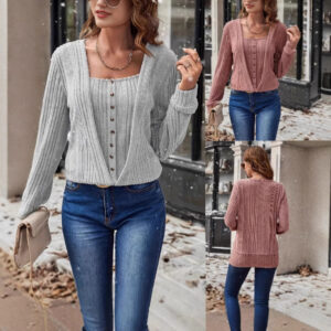 Button Loose Long Sleeve Solid Color Knitted T-shirt