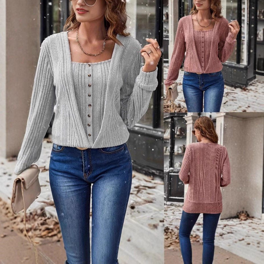 Button Loose Long Sleeve Solid Color Knitted T-shirt