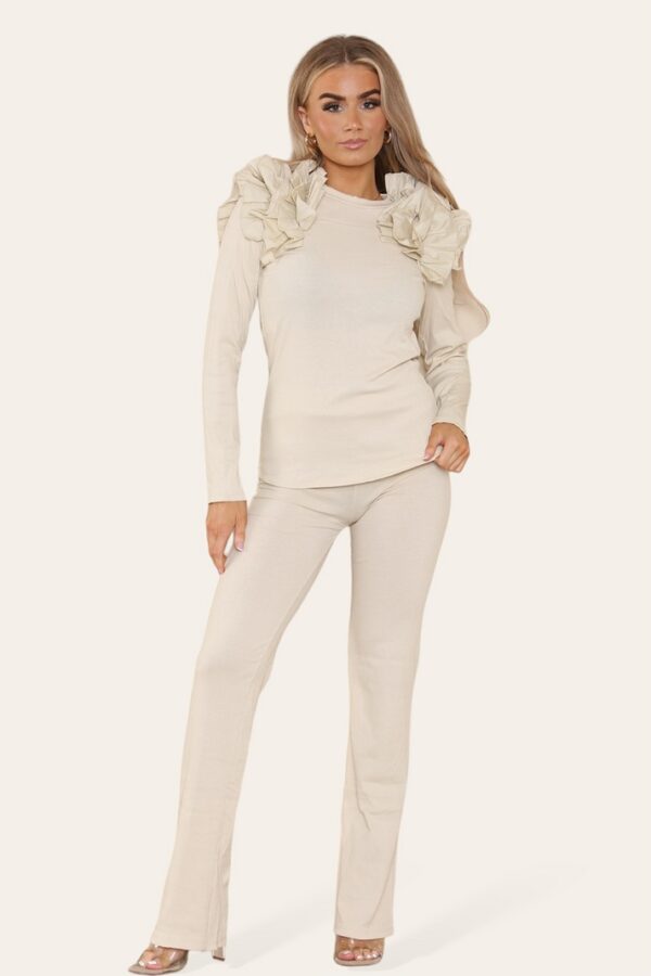 Ruffle Frill Shoulder Ribbed Loungewear Co-Ord Top & Trouser Set - Image 7