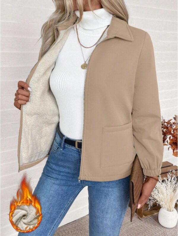 Casual Solid Color Zipper Fleece Jacket, Autumn Winter - Image 6