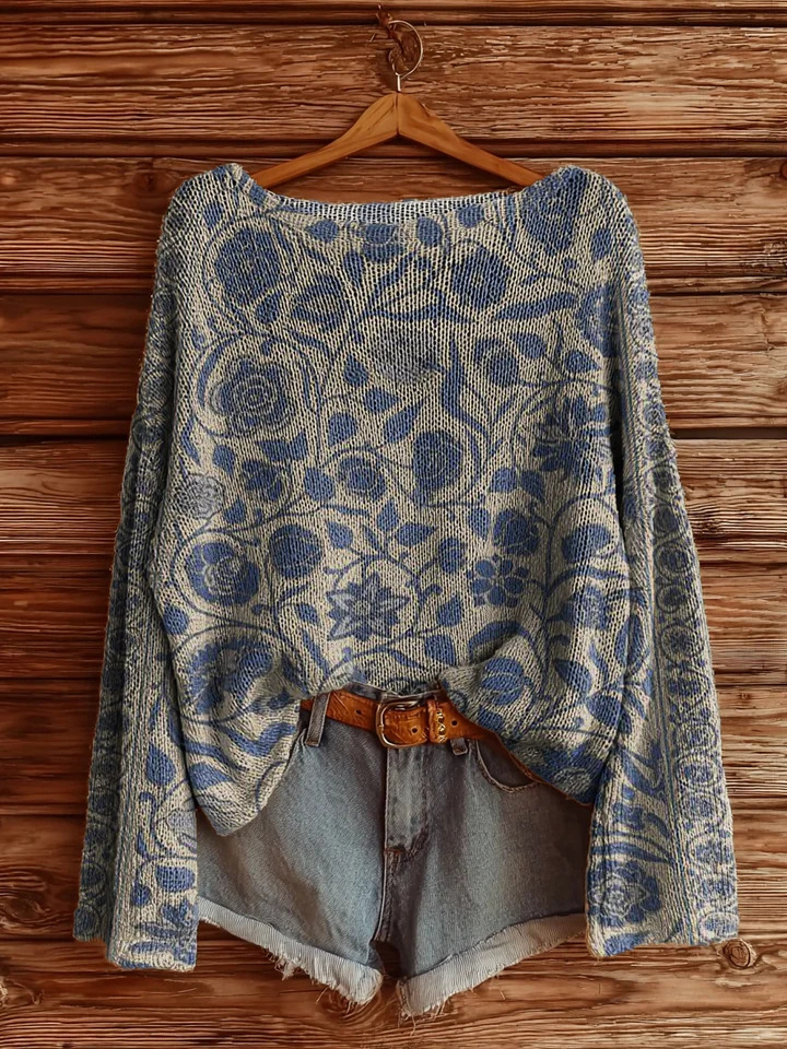 Women's Printed Loose Retro Long-sleeved Brushed Top - Image 7