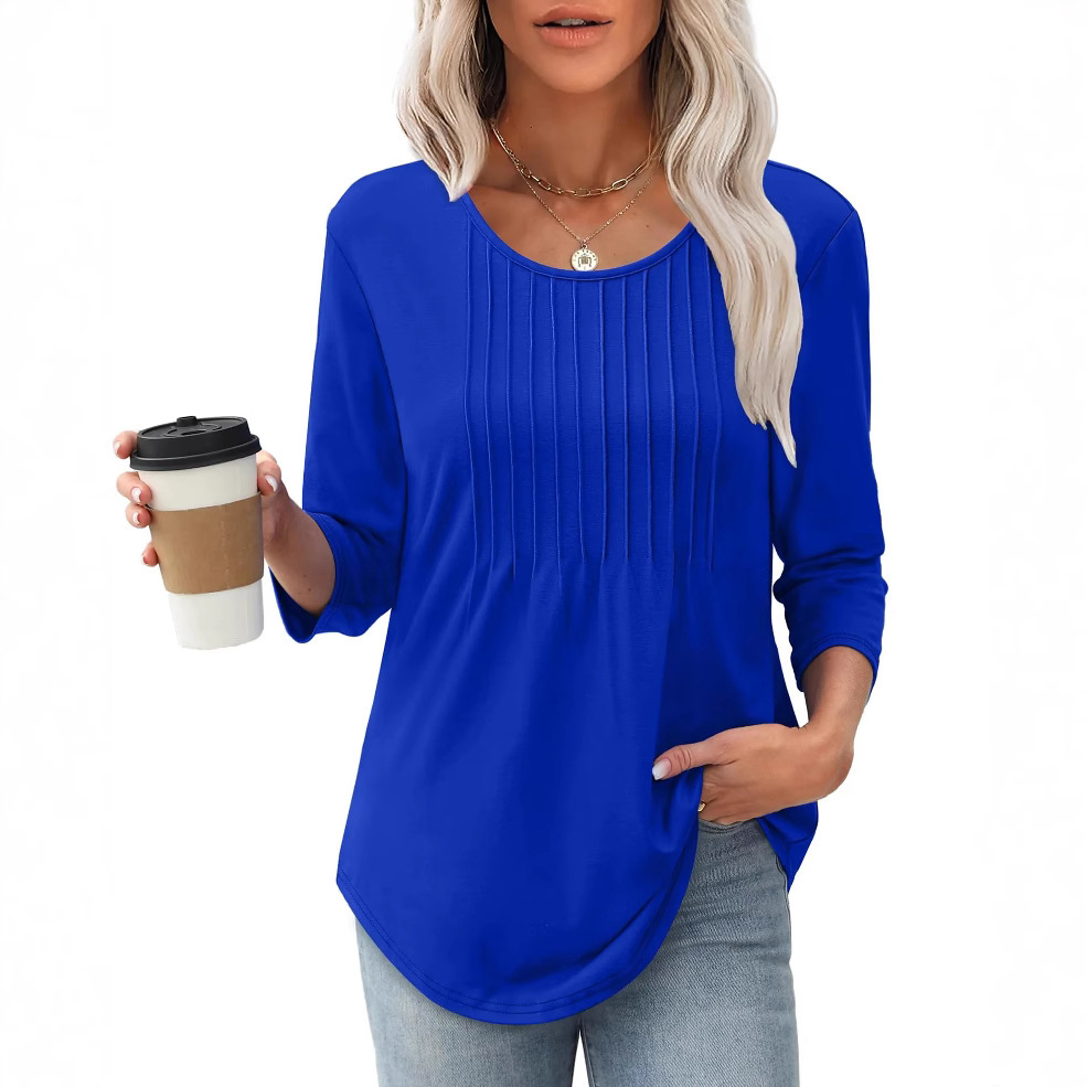 Women's Long Sleeve Top Fashion Casual Pleated Low Round Neck - Image 5