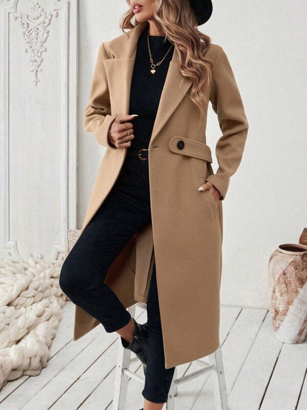 Flat Collar Solid Color Pocket With Belt Long Sleeve Autumn Winter Coat Jacket - Image 5