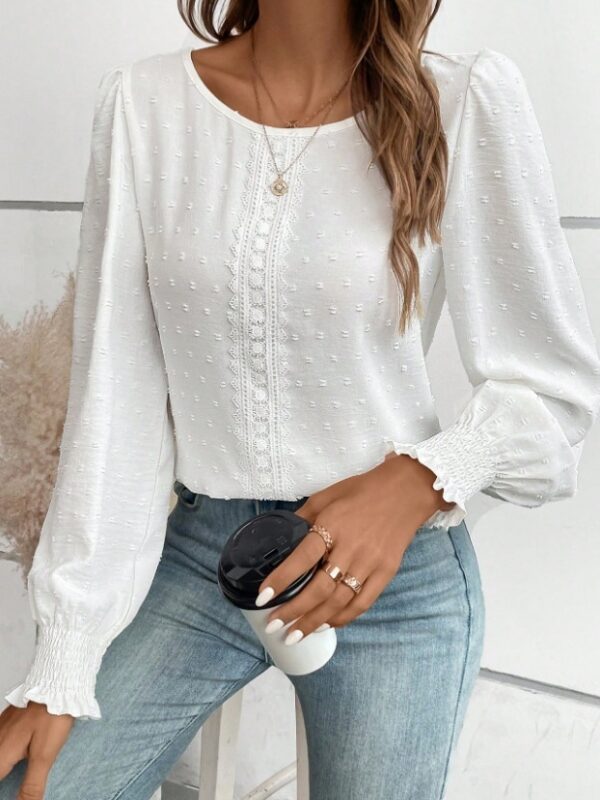 Women's Ruffled Pleated Long Sleeve Round Collar Top Shirt - Image 7