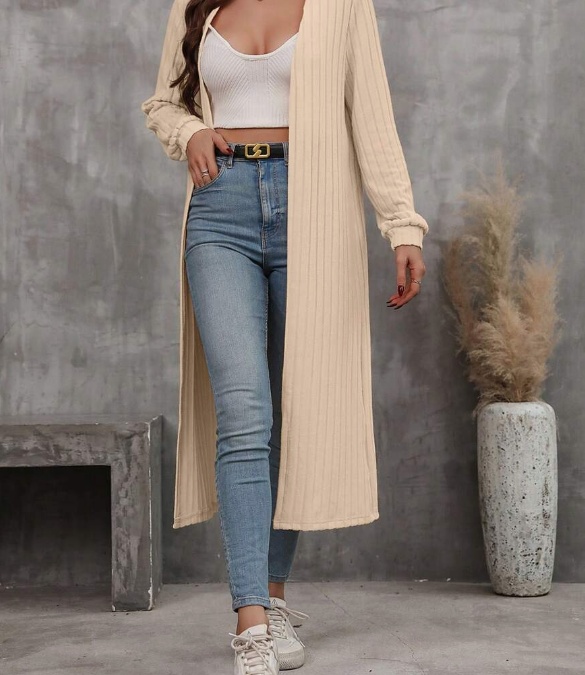 Women's Solid Color Long Sleeved Ribbed Long Style - Image 2
