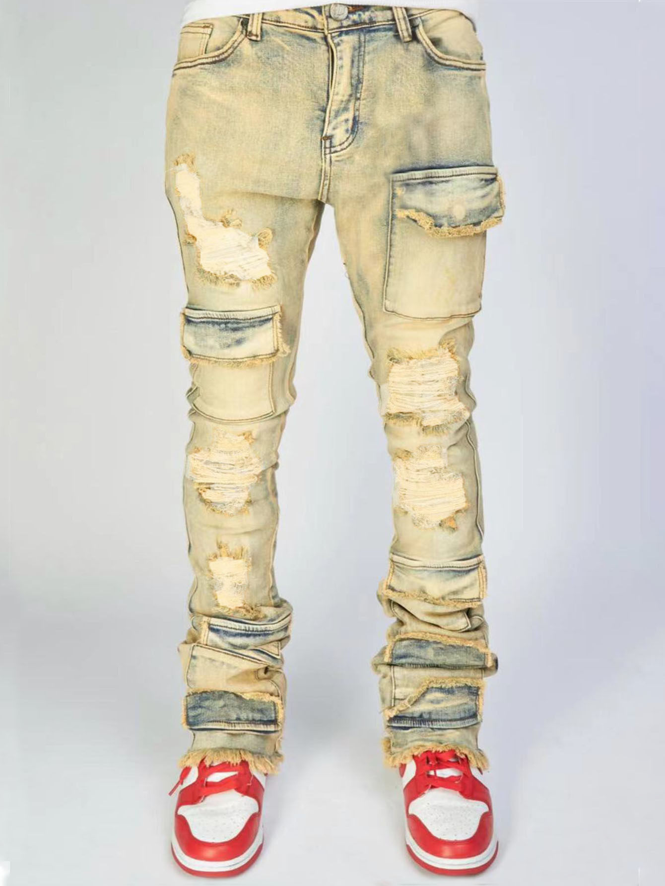 Men's Denim Straight-leg Overalls European And American Fashion Stretch Ripped Laminated Micro-pull Pants - Image 7
