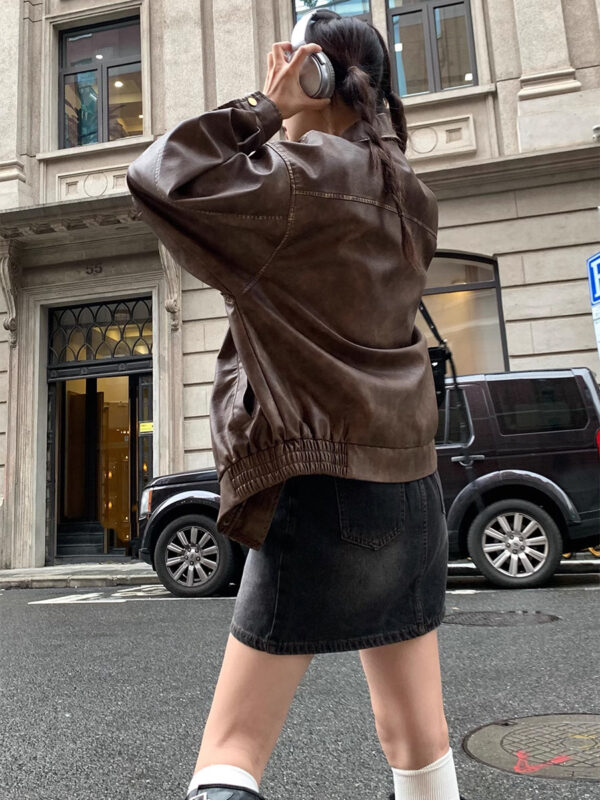 Retro Brushed Vintage Brown Leather Coat For Women Spring And Autumn - Image 3