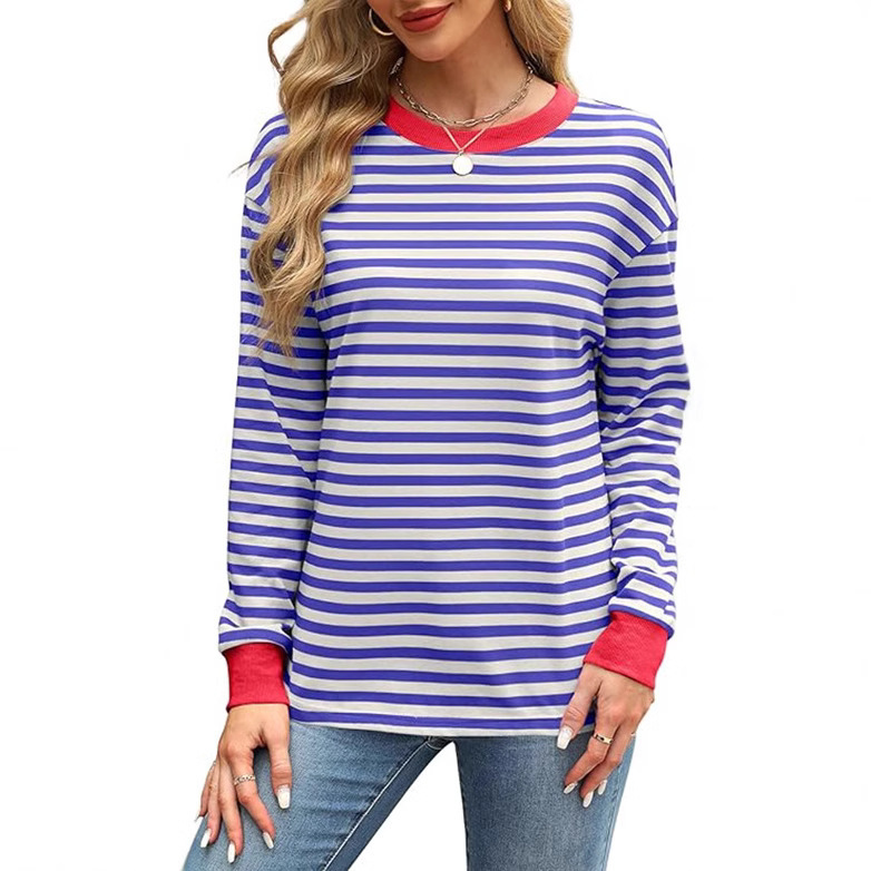 Fashion Color Contrast Loose Round Neck Striped Long Sleeve - Image 8