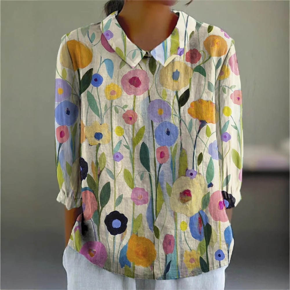 Ladies Flower Fashion Personality Polo Collar Top - Image 6