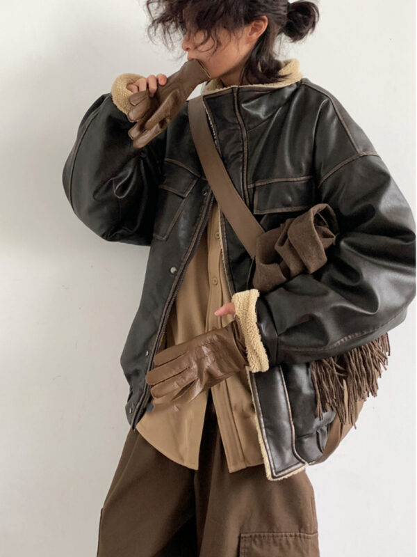 Retro Neutral Maillard Lamb Fur Coat Loose Leather Jacket Coat - Image 5