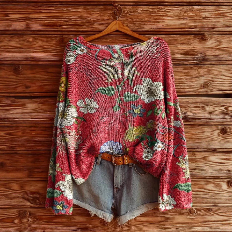 Women's Printed Loose Retro Long-sleeved Brushed Top - Image 8