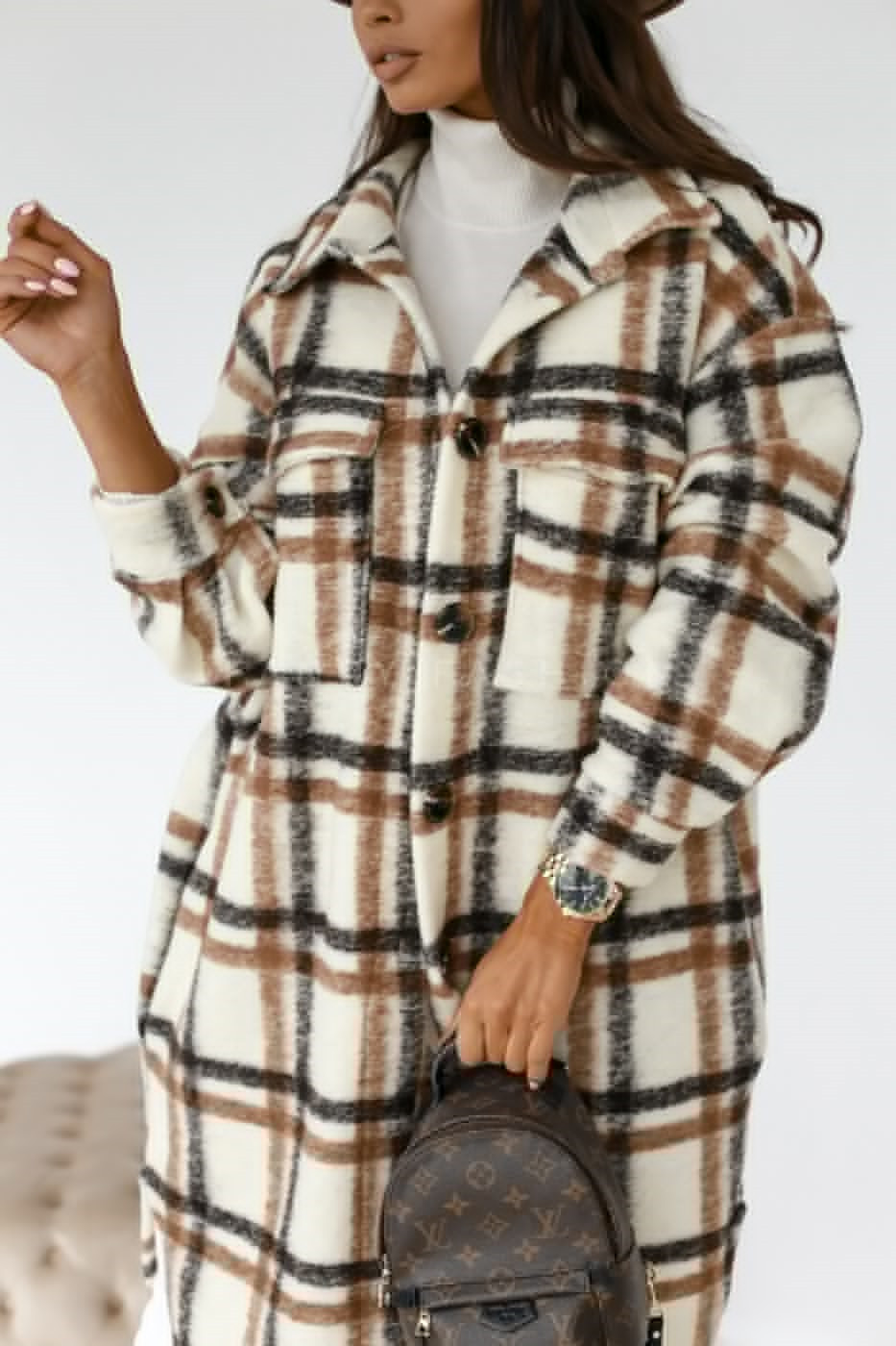 Button Lapel Casual Warm Plaid Long Woolen Coat - Image 6
