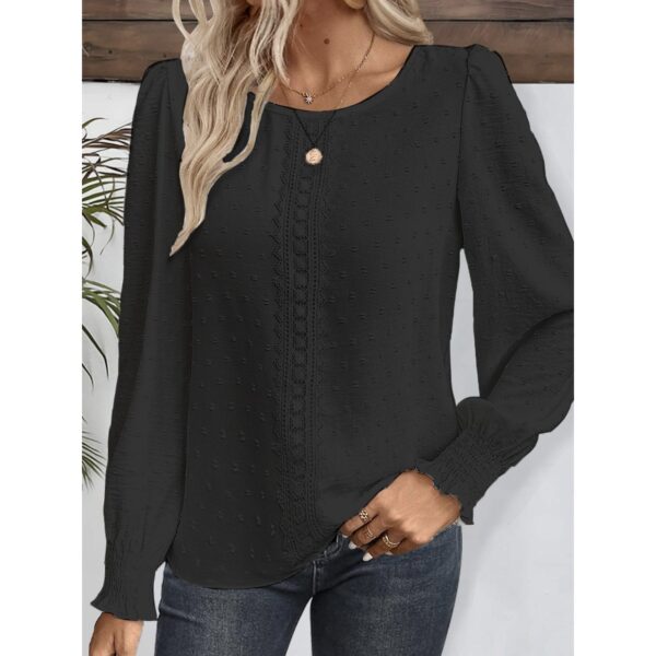 Women's Ruffled Pleated Long Sleeve Round Collar Top Shirt - Image 4