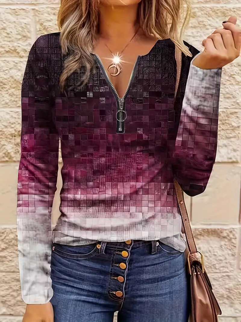 Women's Casual Loose Contrast Striped Half Zipper Top - Image 2