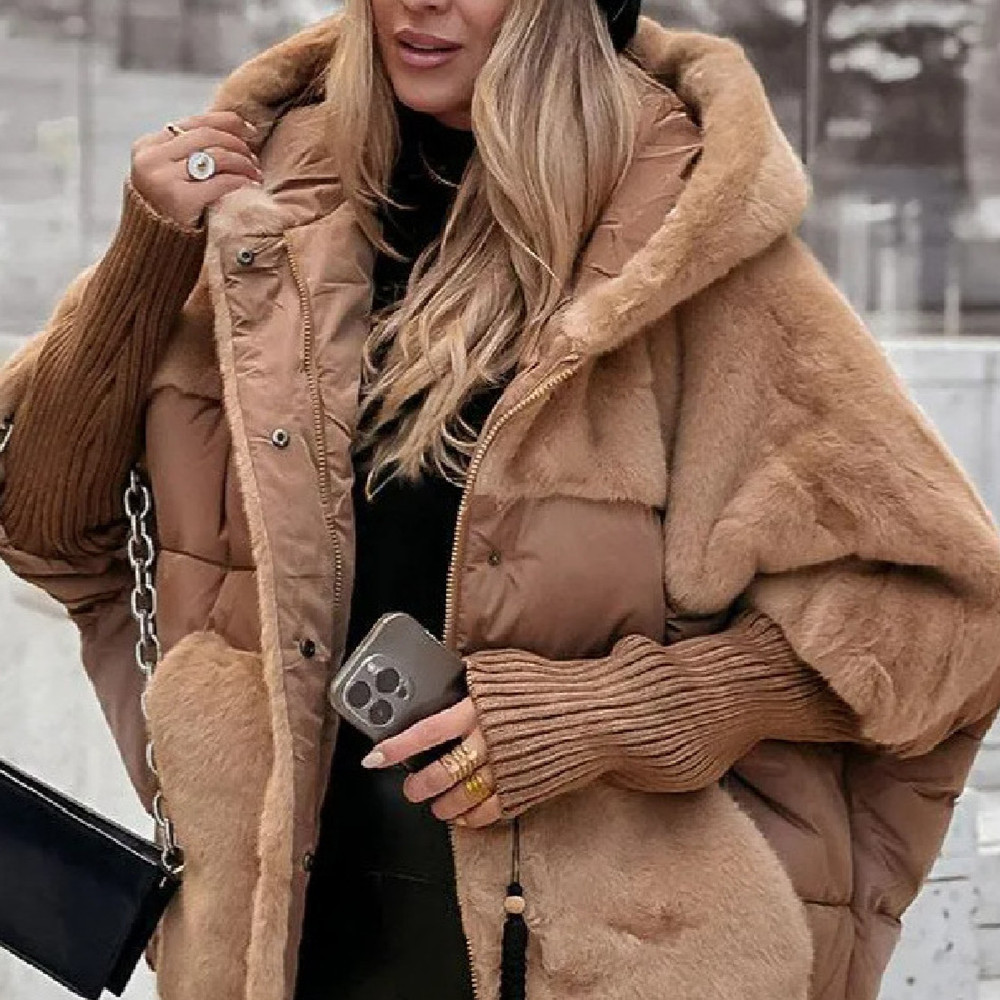 Women's Loose Cotton Coat Faux Fur Patchwork Winter Coat Comfort Chic Long Sleeve Hooded Jacket - Image 2