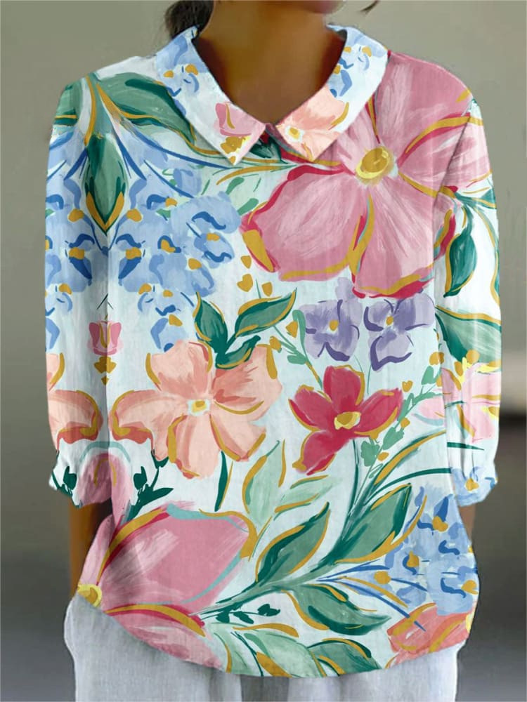 Ladies Flower Fashion Personality Polo Collar Top - Image 4