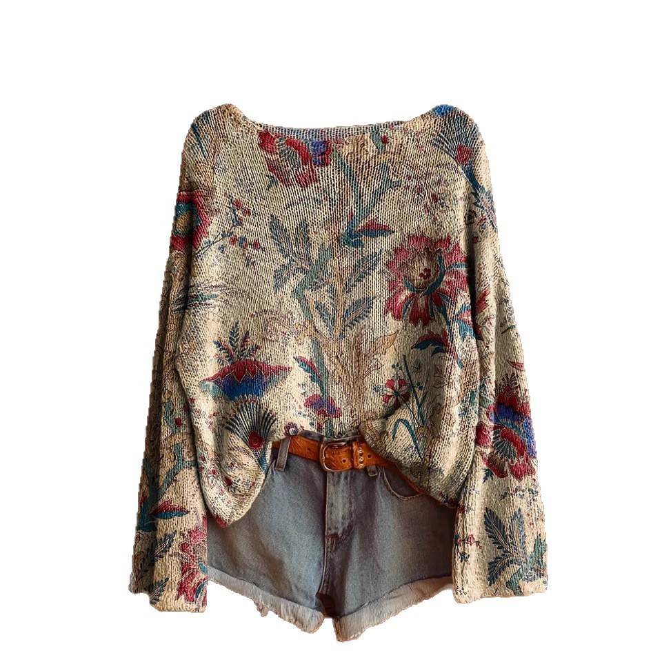 Women's Printed Loose Retro Long-sleeved Brushed Top - Image 6