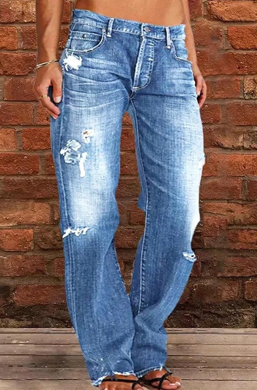 Women Men Denim Pants Casual Ripped Loose Straight Leg Jeans Trousers - Image 3