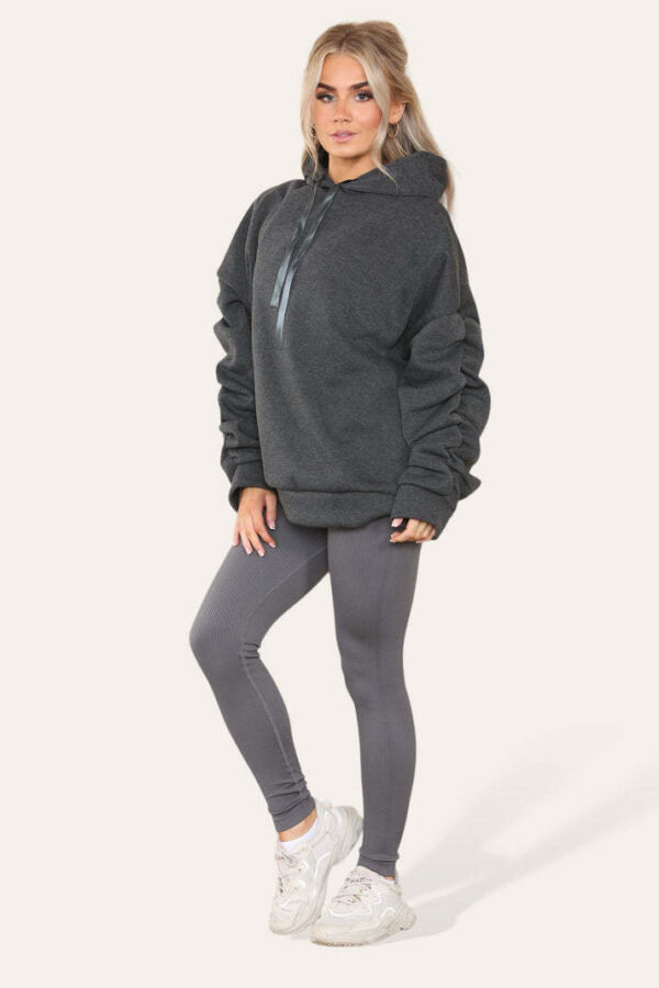 Oversized Ruched Sleeves Hoodie With Satin Ribbon With High Waist High Rise Seamless Ribbed Legging Set - Image 9
