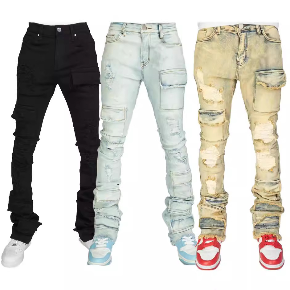 Men's Denim Straight-leg Overalls European And American Fashion Stretch Ripped Laminated Micro-pull Pants - Image 6