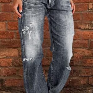 Women Men Denim Pants Casual Ripped Loose Straight Leg Jeans Trousers