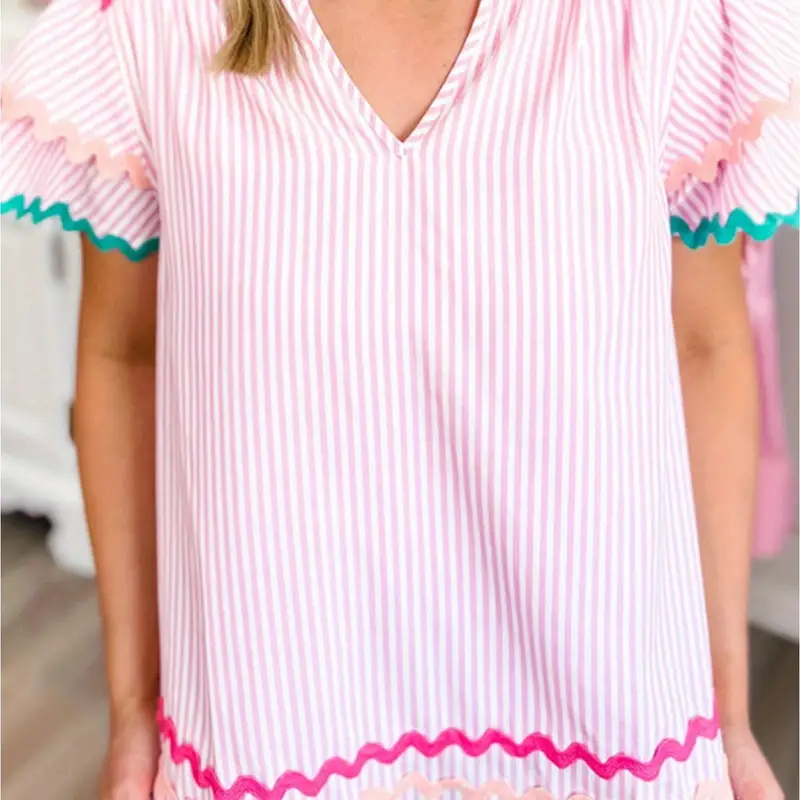 Sky Blue Stripe Ricrac Trim Split Neck Striped Ruffled Sleeve Blouse - Image 6