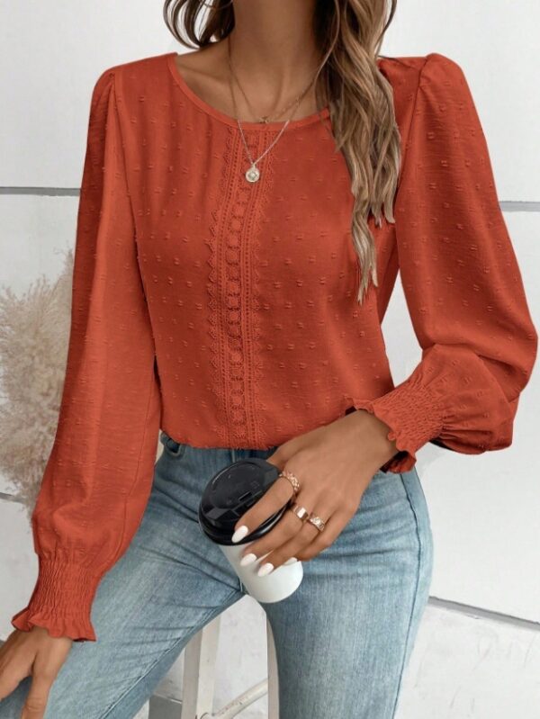 Women's Ruffled Pleated Long Sleeve Round Collar Top Shirt - Image 8