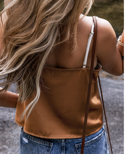 Khaki Chevron Color Block Spaghetti Straps Tank Top - Image 5