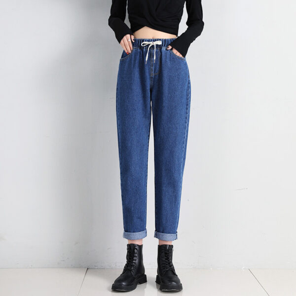Korean Style Women's Straight Casual Elastic Waist Tied High Waist Student Jeans - Image 5
