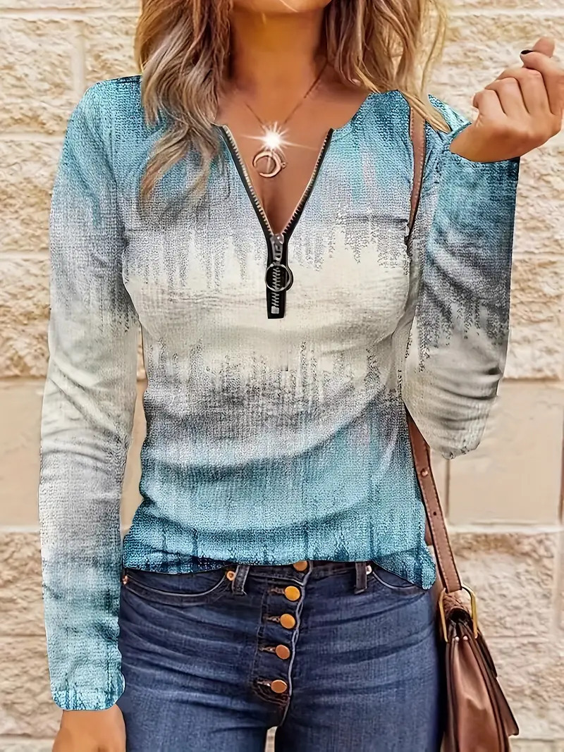 Women's Casual Loose Contrast Striped Half Zipper Top - Image 10