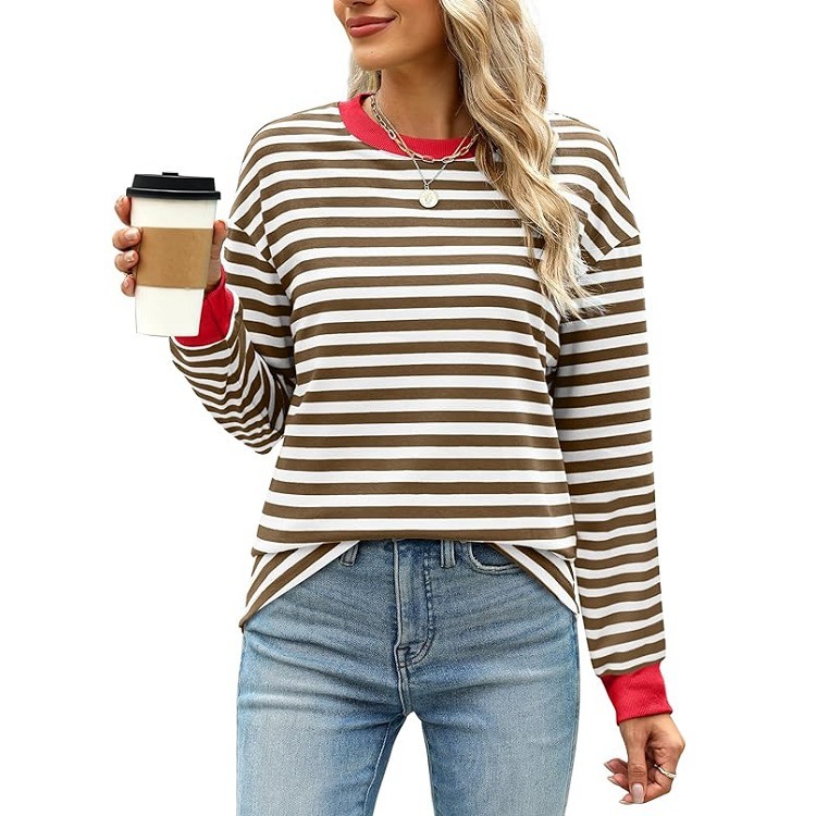 Fashion Color Contrast Loose Round Neck Striped Long Sleeve - Image 6