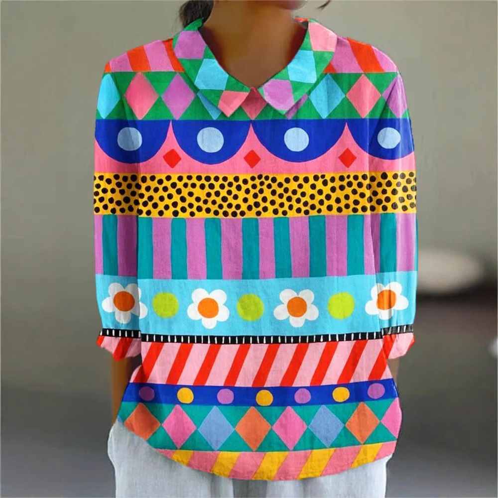 Ladies Flower Fashion Personality Polo Collar Top - Image 9