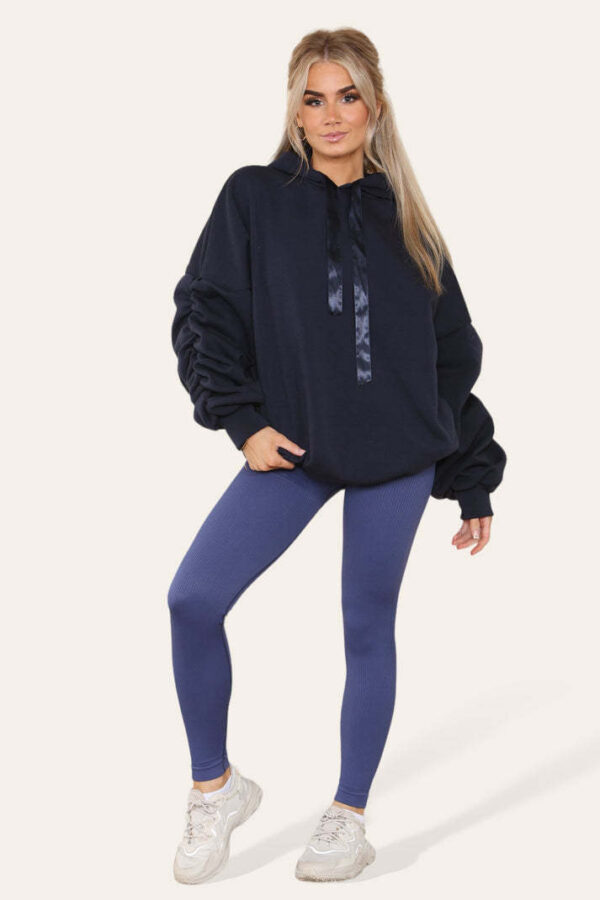Oversized Ruched Sleeves Hoodie With Satin Ribbon With High Waist High Rise Seamless Ribbed Legging Set - Image 2