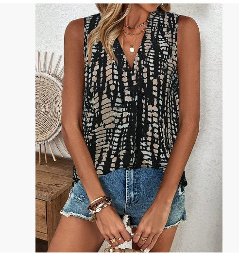 Sleeveless V-neck Printed Blouse Women's Tops - Image 5