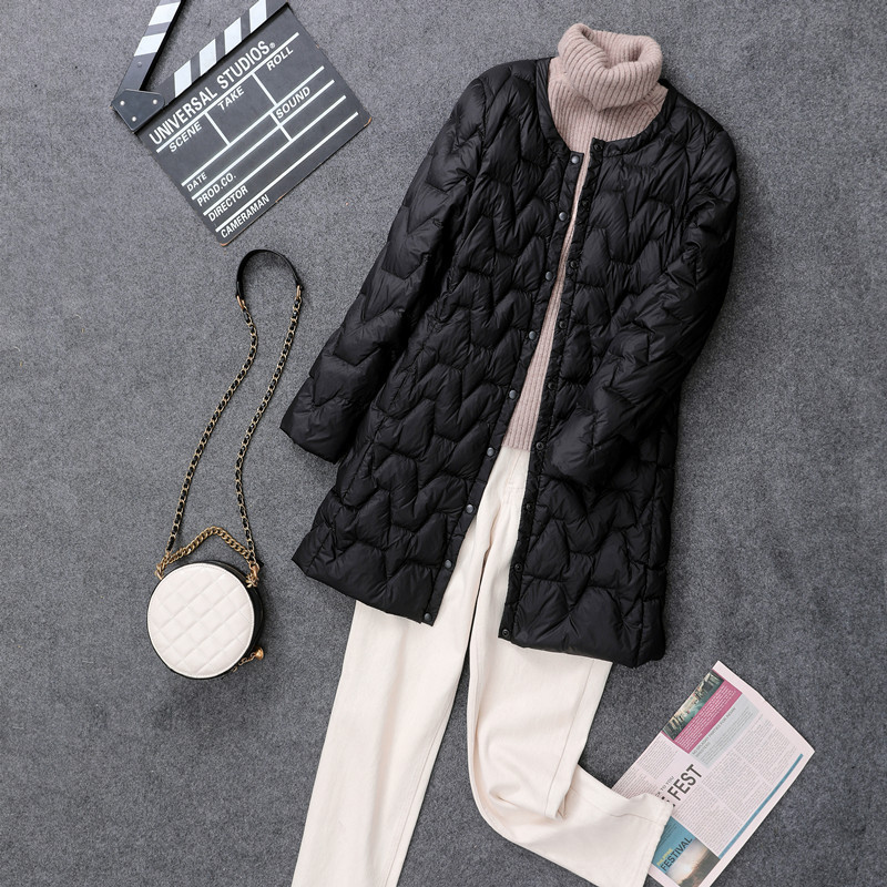 Lightweight Down Jacket Women's Collarless Mid-length Coat With Lightweight Round Neck Liner Slim Fit - Image 2