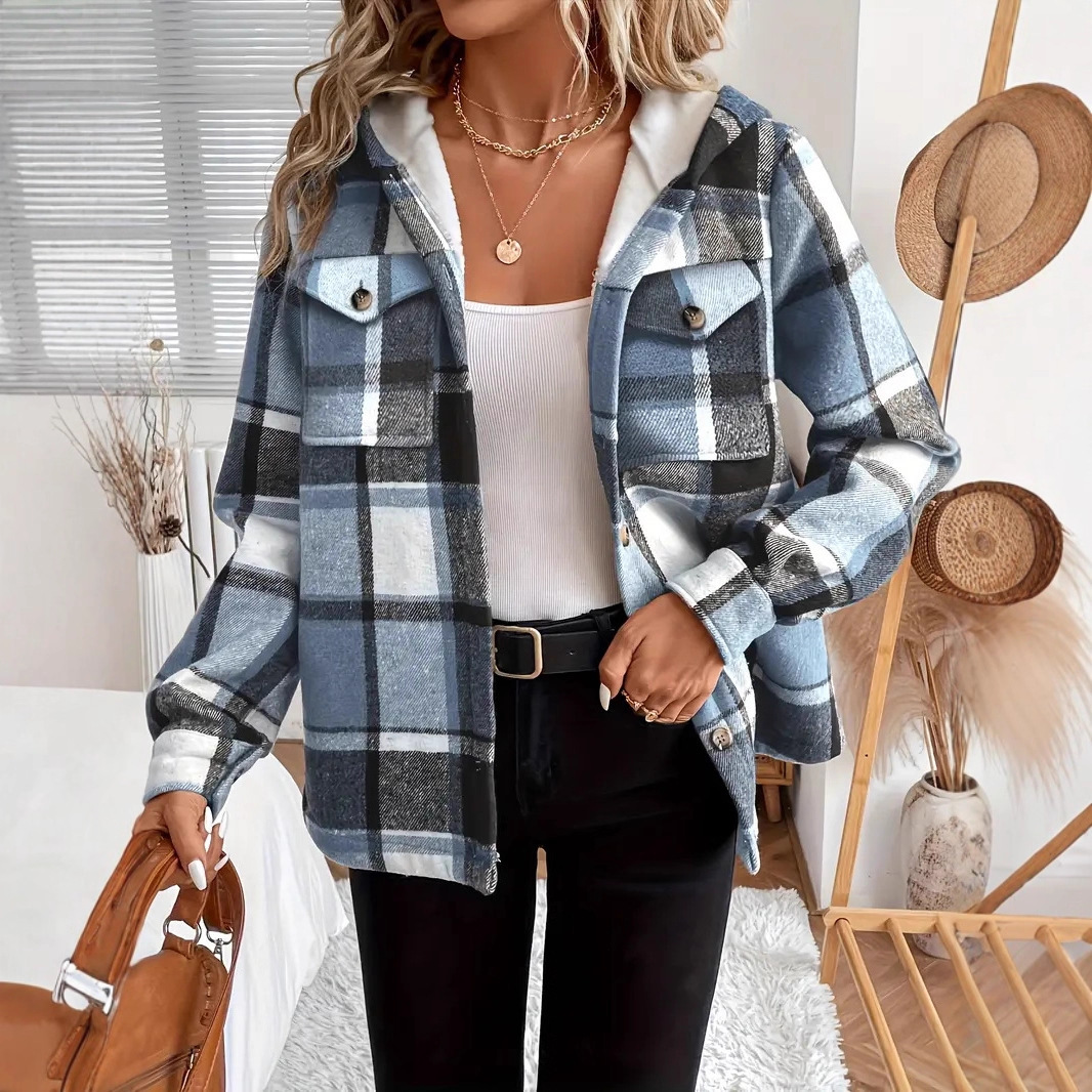 Autumn And Winter Loose Long Sleeve Casual Plaid Hooded Jacket - Image 2