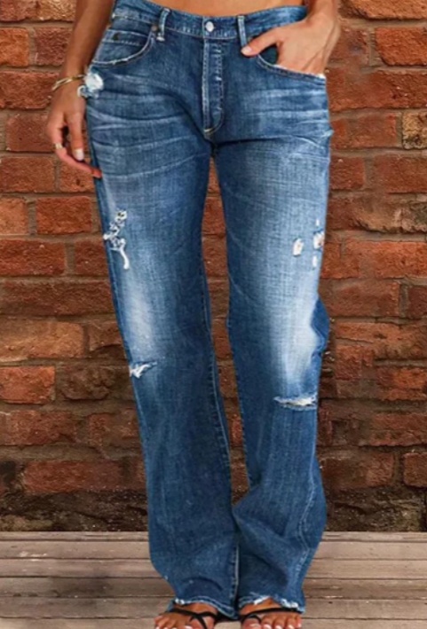 Women Men Denim Pants Casual Ripped Loose Straight Leg Jeans Trousers - Image 4