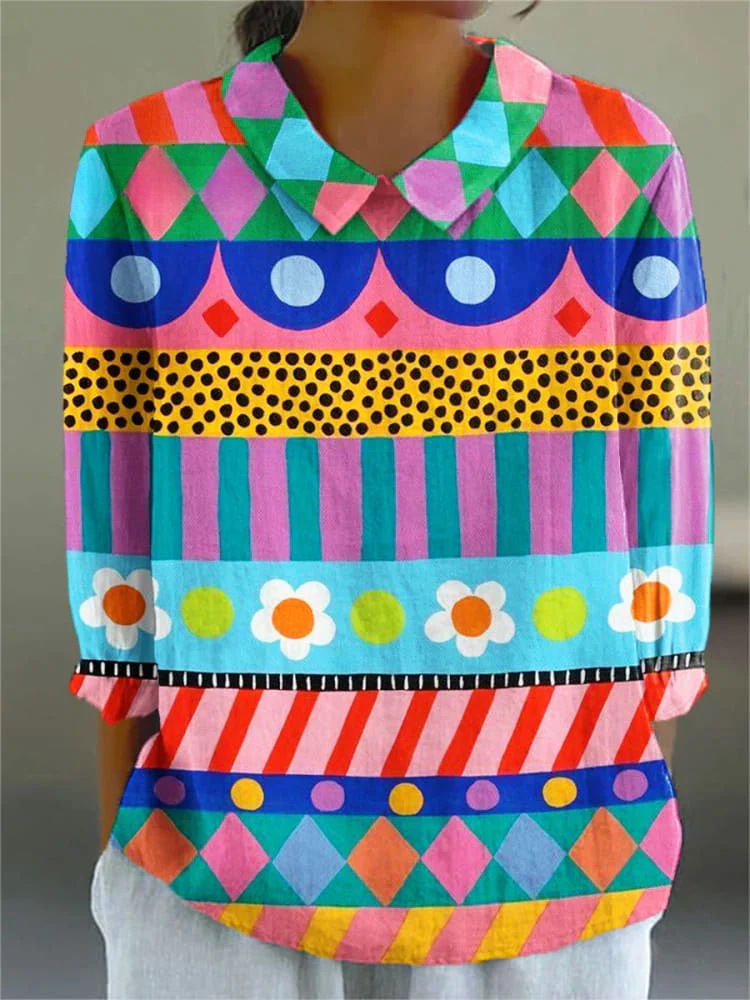 Ladies Flower Fashion Personality Polo Collar Top - Image 5