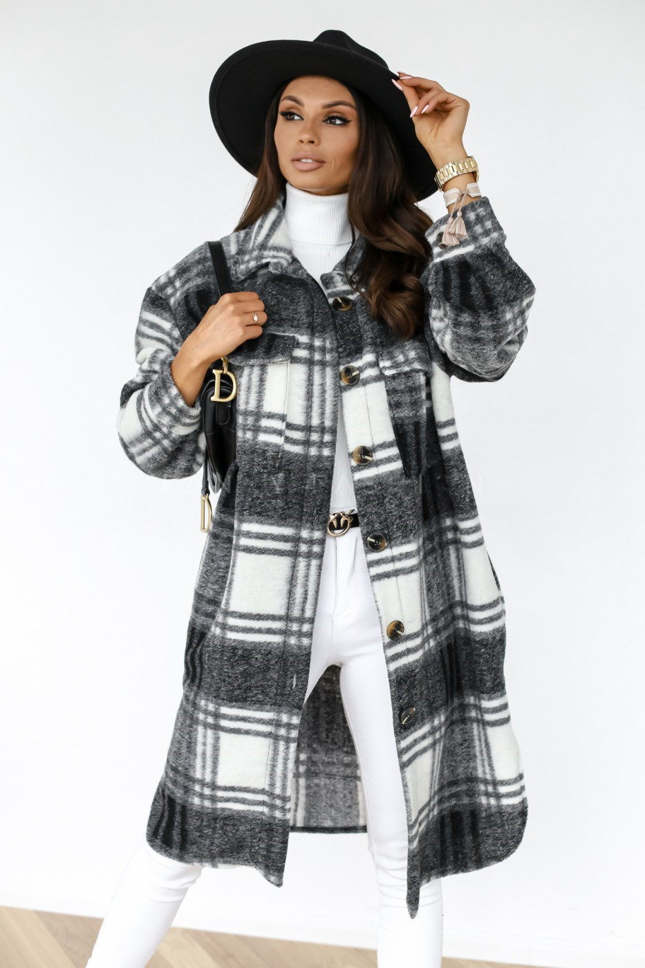 Button Lapel Casual Warm Plaid Long Woolen Coat - Image 2