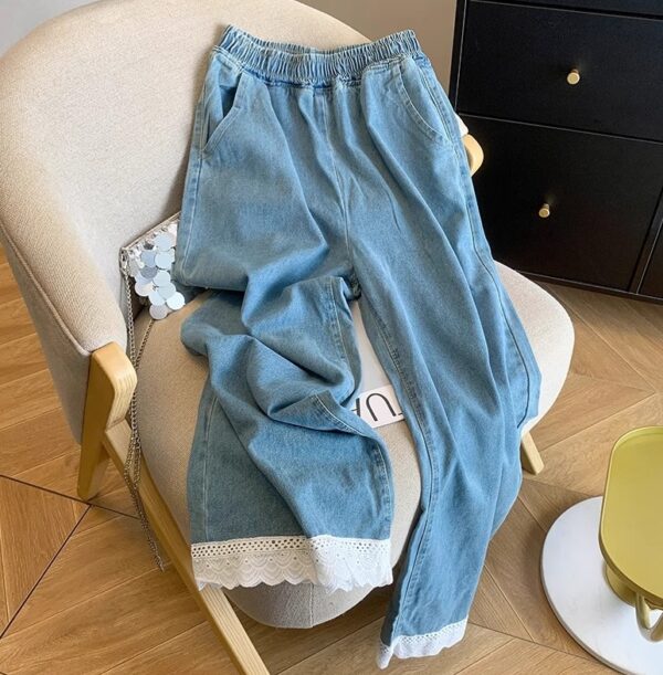 Sweet Style Elastic Waist Splicing Lace Lace Hollow Denim Nine-point Pants For Women - Image 2