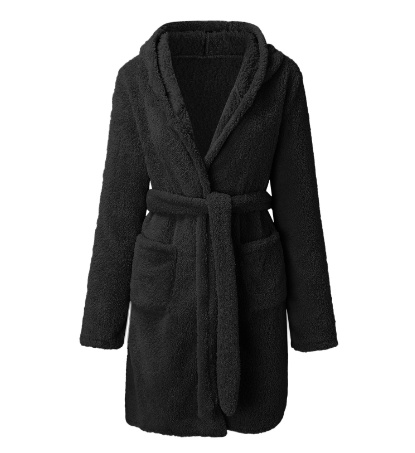 Solid Color Pockets Hooded Teddy Coat, Casual Long Sleeve Faux Fur Belted Outwear, Women's Clothing - Image 2