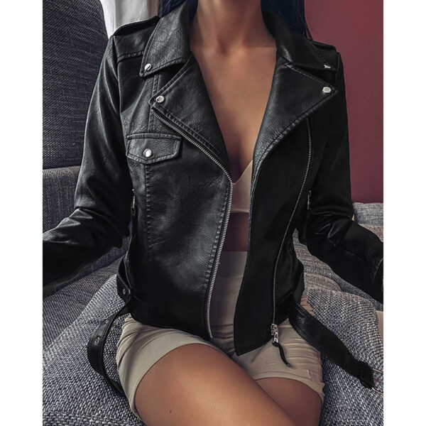 Plus Size Women's Short Coat PU Motorcycle Clothing Slim Winter Leather Jacket - Image 9