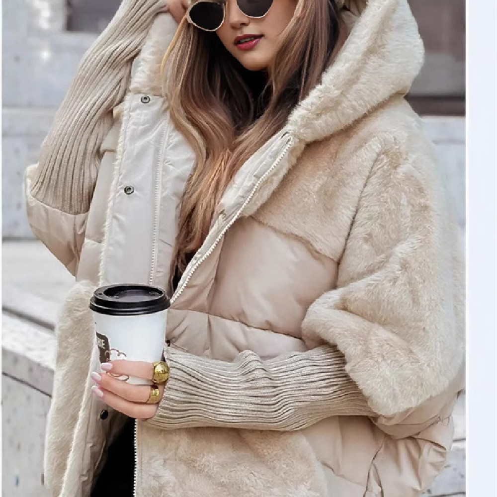 Women's Loose Cotton Coat Faux Fur Patchwork Winter Coat Comfort Chic Long Sleeve Hooded Jacket - Image 5