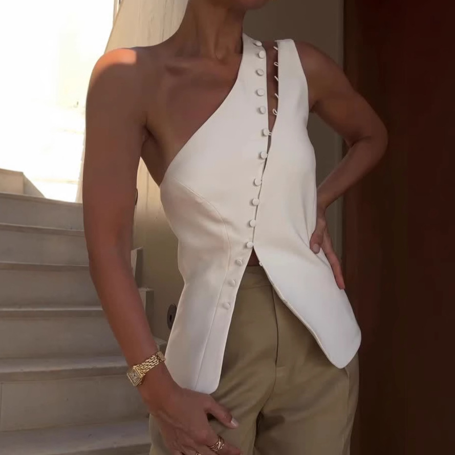 Summer New European And American One-shoulder White Vest Button Off-shoulder - Image 2